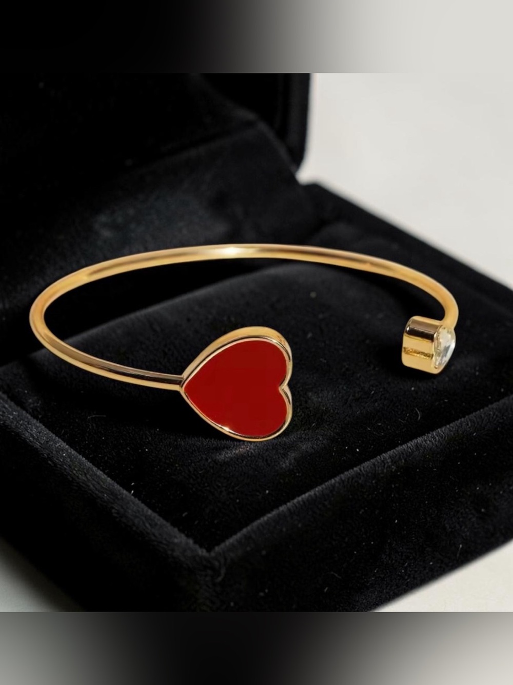 Gold Red Heart Open Cuff Bracelet – CZ Crystal Accent ❤️